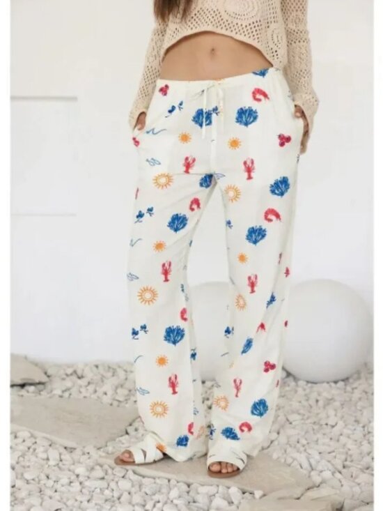 Cali1850 Pants - Cali 1850 Women's Linen Pull-On Beach Seaside Print Pants Size M New